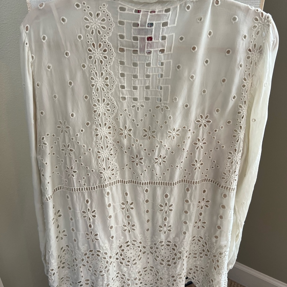 Johnny Was White Eyelet Crochet Button-Front Blouse - Picture 2 of 6